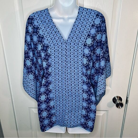 Miami Kaftan Style Mediterranean Print Top Flowy Blue M - Picture 6 of 9